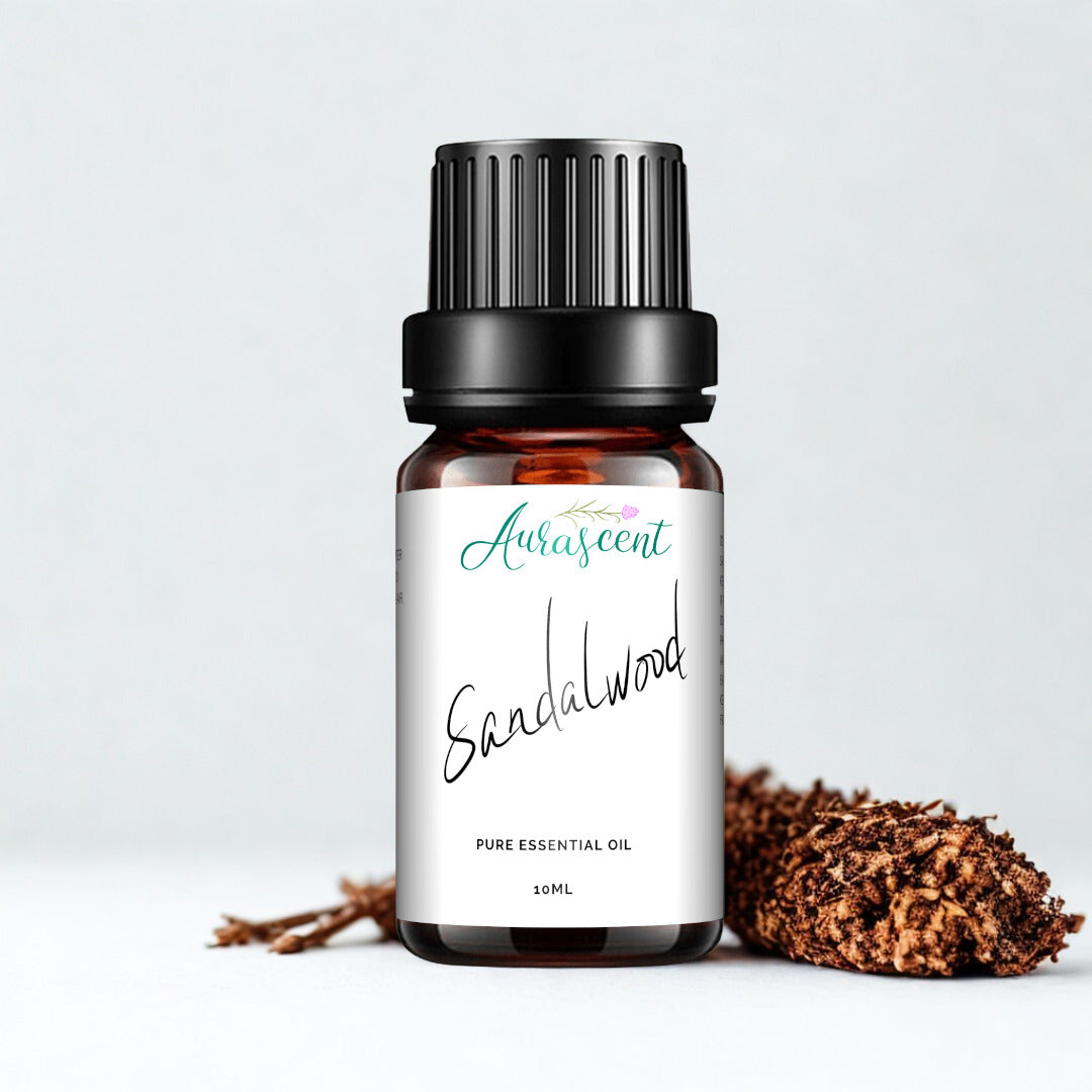 A 10ml bottle of Aurascent Sandalwood Essential Oil with a clear label, set against a neutral background.