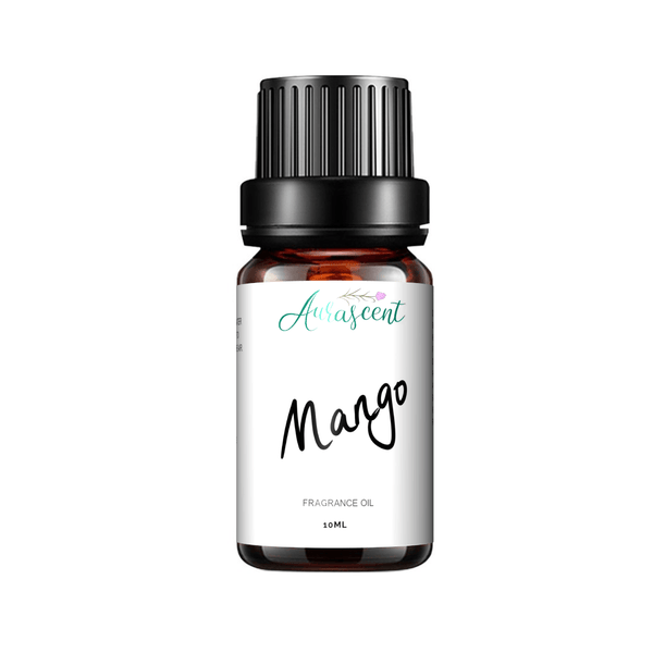 AuraScent Mango Fragrance Oil 10ml bottle featuring fruity aroma oil with vibrant mango scent, ideal for aromatherapy and fragrances.