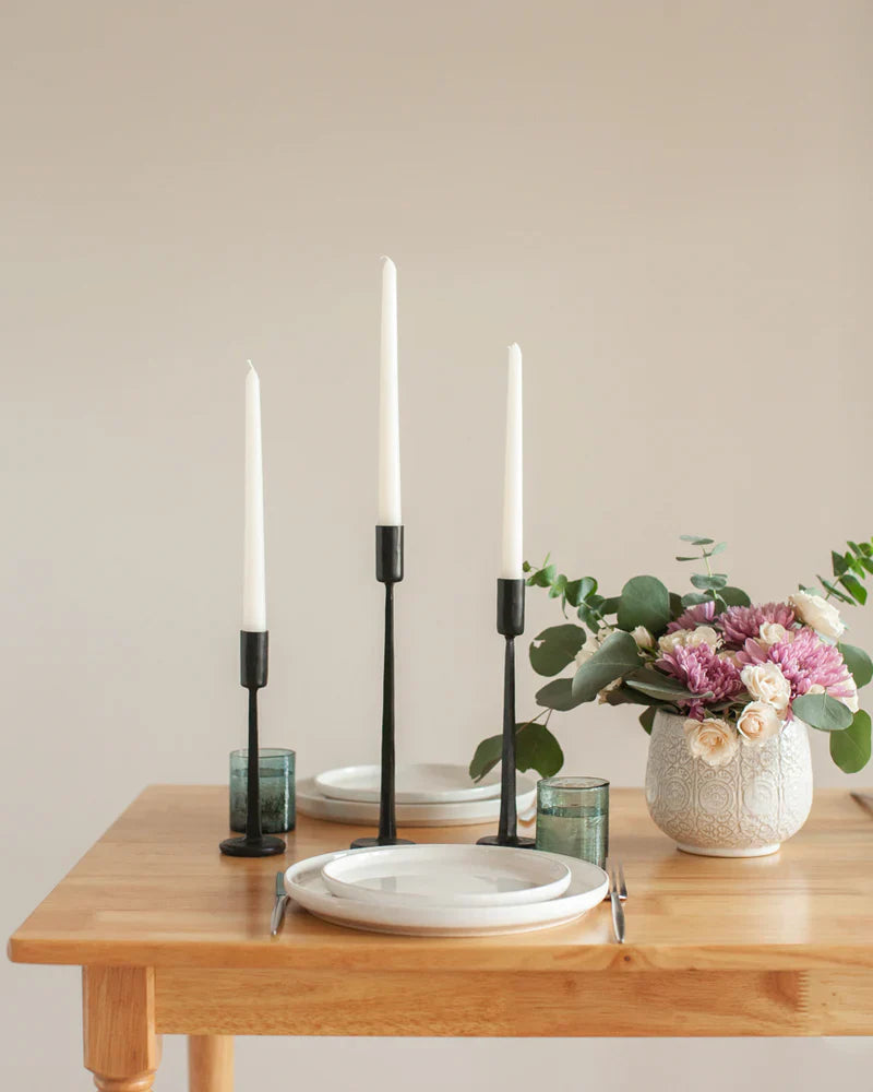 Dante hand-forged iron candle stand with brass finish, decorative candlestick holder by Creative Women Australia.