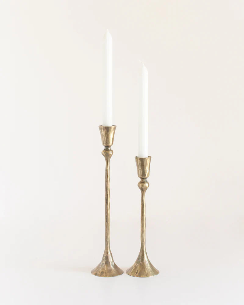 Set of two Gemini hand-forged iron candelabras with brass finish, decorative candlestands by Creative Women Australia.
