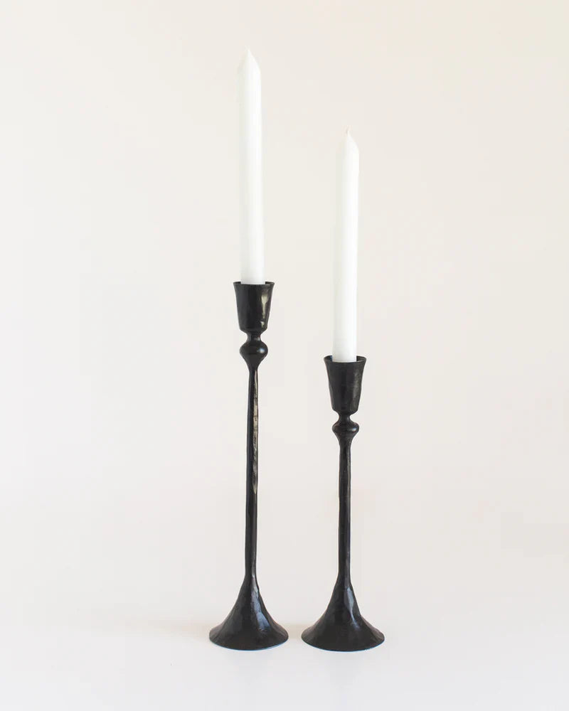Set of two Gemini hand-forged iron candlestands with brass finish, decorative candle holders by Creative Women Australia.