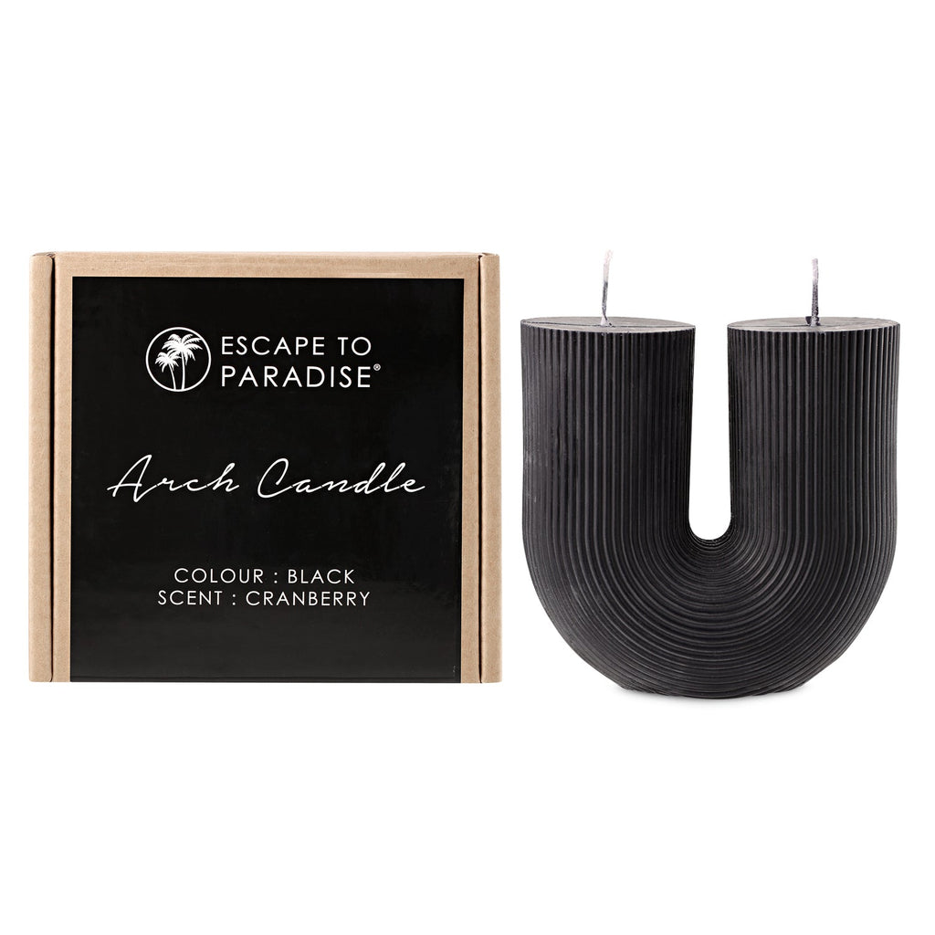 Black Cranberry Arch Candle by Escape to Paradise, featuring a sleek black candle with cranberry scent in an arch-shaped design.