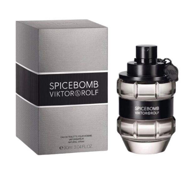 Viktor & Rolf Spicebomb EDT men's perfume bottle, 90ml, featuring bold, spicy fragrance in sleek packaging.