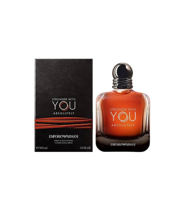 Men's perfume bottle of Stronger With You Absolutely EDP by Armani, 100ml, showcasing the stylish bottle design.