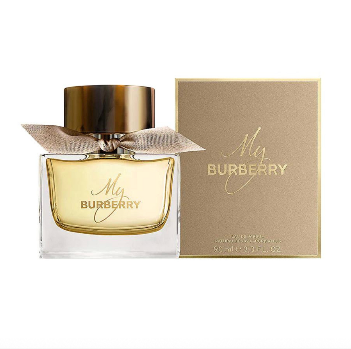 My Burberry Eau de Parfum for Women displayed in a clear glass bottle with a beige and black checkered cap, showcasing elegant perfume packaging.