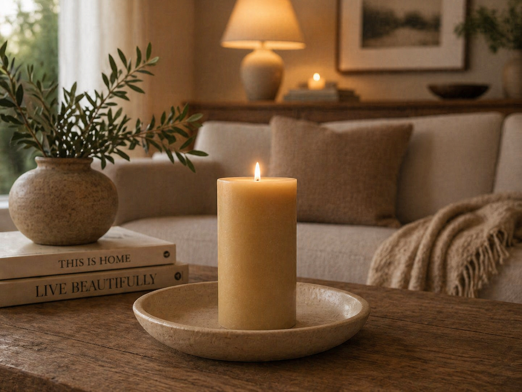 Pure beeswax pillar candle from Serenes Beeswaxory, 15cm tall, showcasing the natural honey-colored beeswax surface and smooth finish.