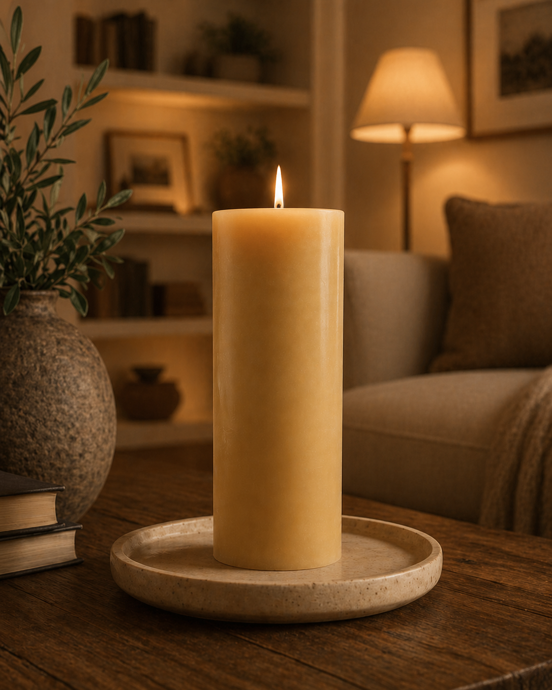 Serenes Beeswaxory pure beeswax pillar candle 20cm tall with natural golden color and smooth wax surface.