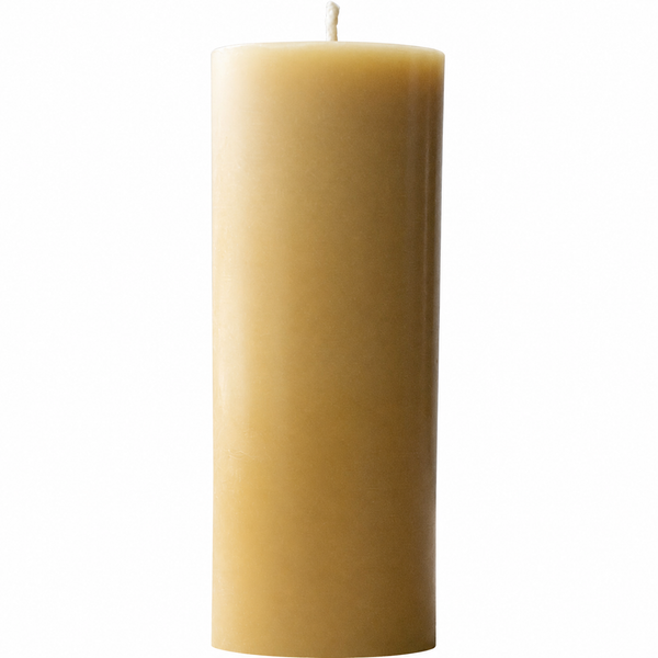Serenes Beeswaxory pure beeswax pillar candle, 20cm tall, with natural textured surface and warm honey color.
