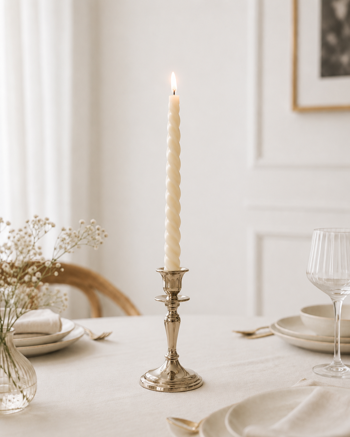 Serenes Beeswaxory pure beeswax twirl taper candle with a twisted design, showcasing its warm natural honey color and elegant shape.