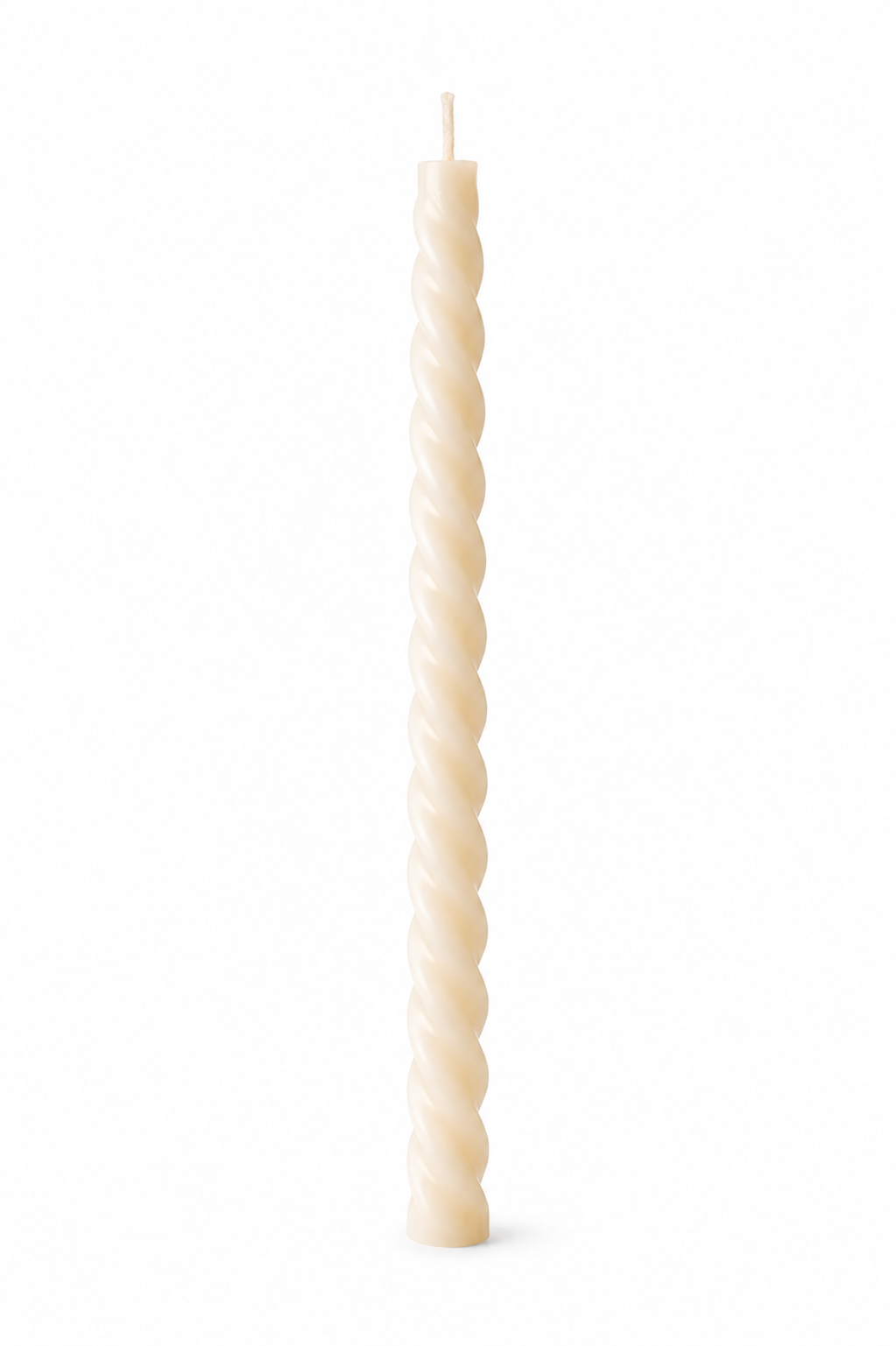 Serenes Beeswaxory pure beeswax twirl taper candle with a smooth, twisted design and warm honey color on a white background.
