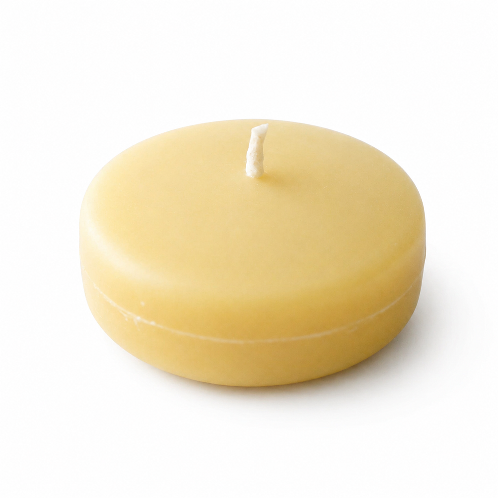 Six Serenes Beeswaxory pure beeswax tealight floating candles in a box, showcasing their warm, natural glow and smooth beeswax surface.
