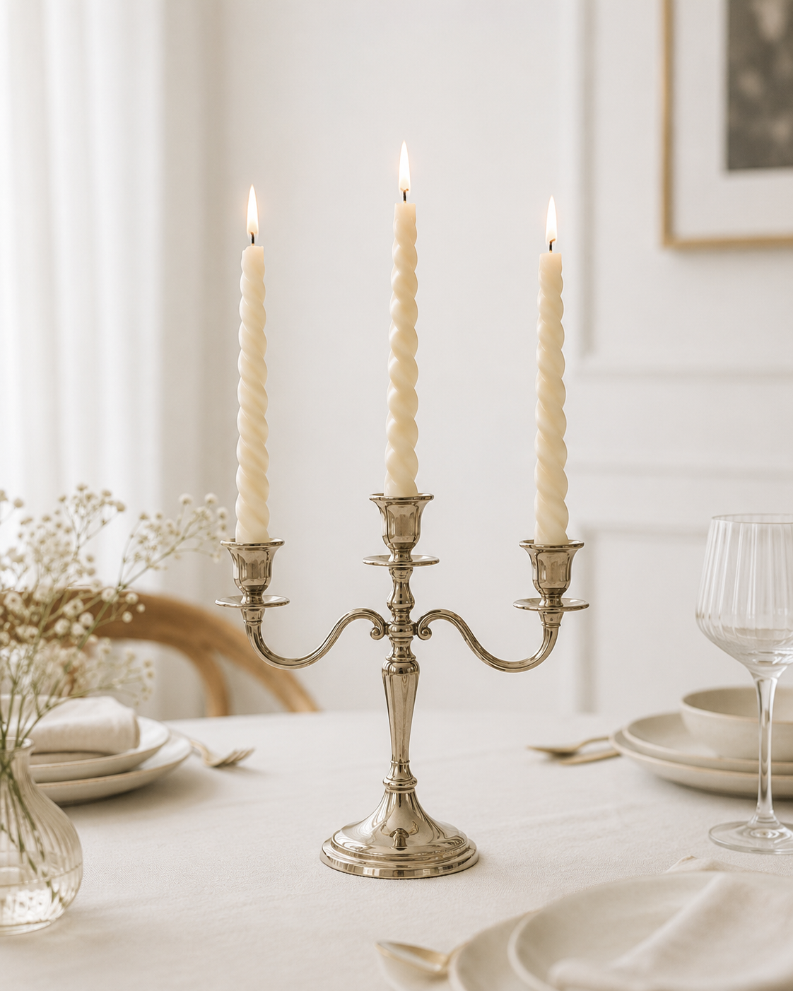 Set of 8 Serenes Beeswaxory Twirl Taper Candles made of pure beeswax, displayed in a box with detailed natural wax texture.