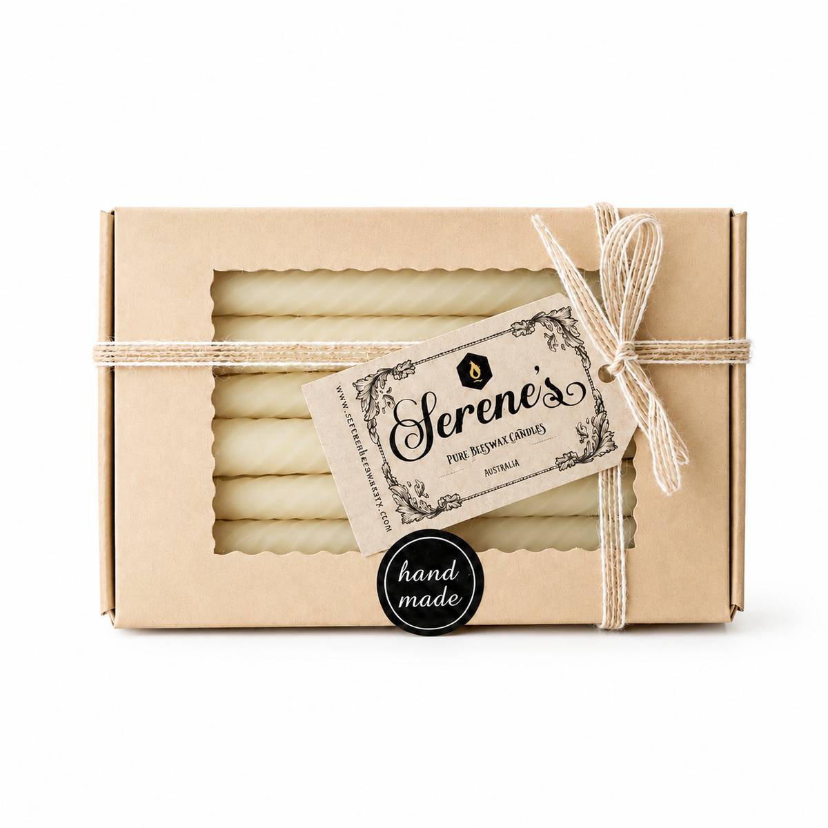 Eight pure beeswax Twirl Taper candles in a box, natural honey color, from Serenes Beeswaxory, suitable for decorative or ceremonial use.